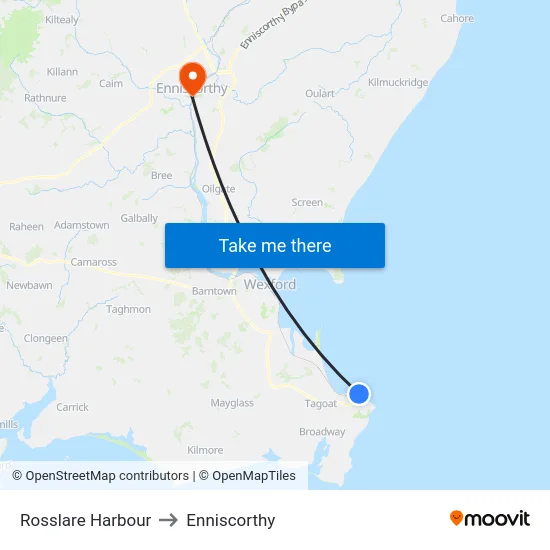 Rosslare Harbour to Enniscorthy map