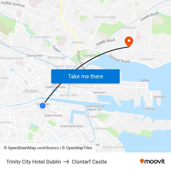 Trinity City Hotel Dublin to Clontarf Castle map