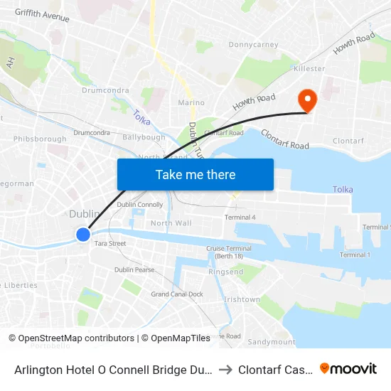 Arlington Hotel O Connell Bridge Dublin to Clontarf Castle map