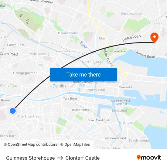 Guinness Storehouse to Clontarf Castle map