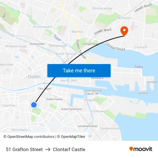 51 Grafton Street to Clontarf Castle map