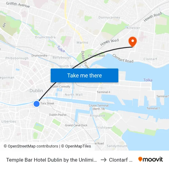 Temple Bar Hotel Dublin by the Unlimited Collection to Clontarf Castle map