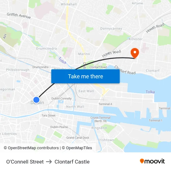 O'Connell Street to Clontarf Castle map