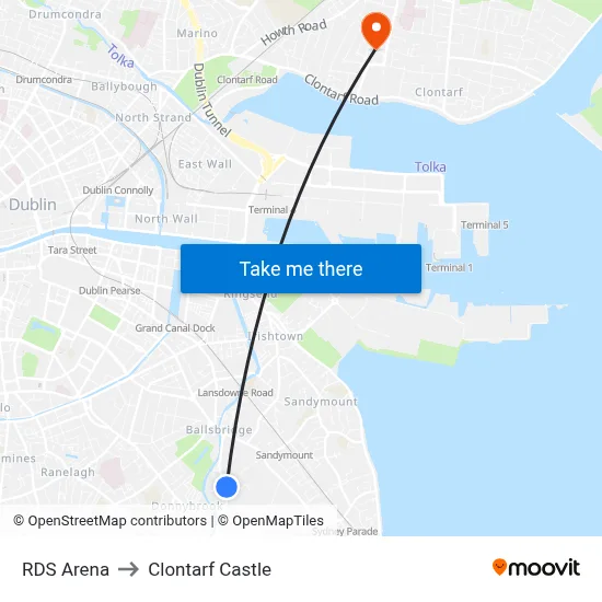 RDS Arena to Clontarf Castle map