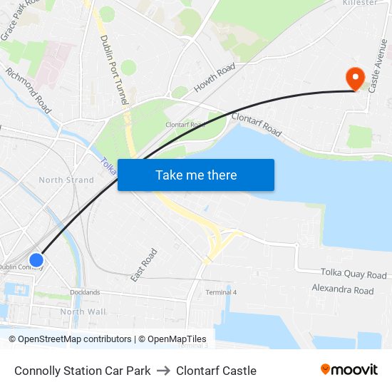 Connolly Station Car Park to Clontarf Castle map