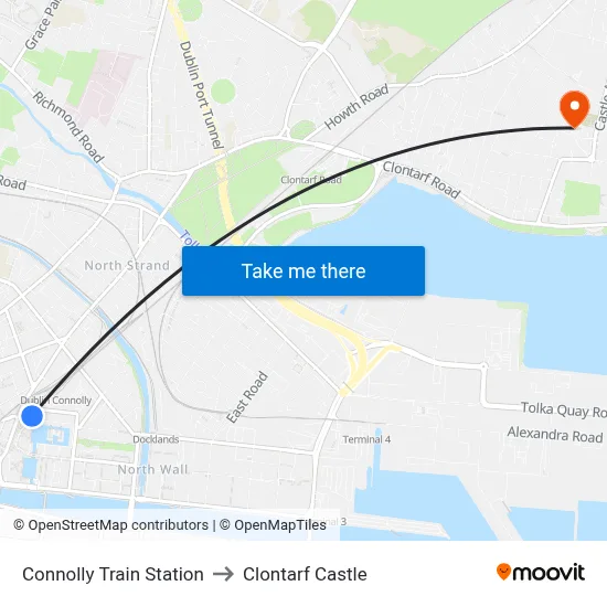 Connolly Train Station to Clontarf Castle map