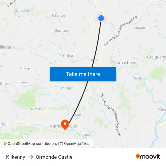 Kilkenny to Ormonde Castle map