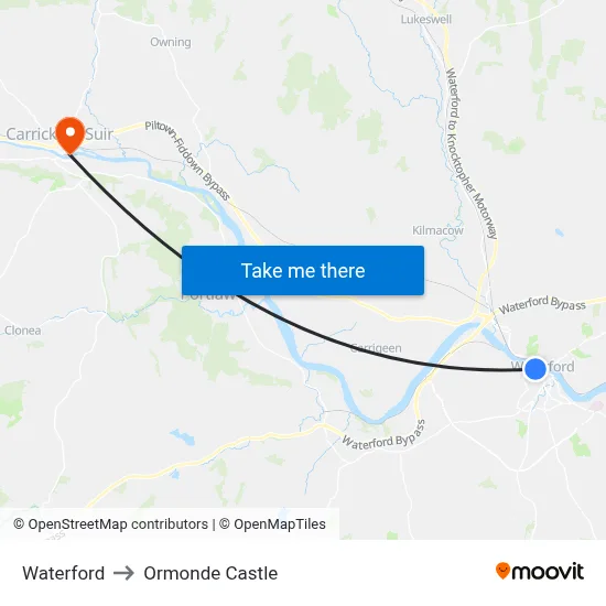 Waterford to Ormonde Castle map