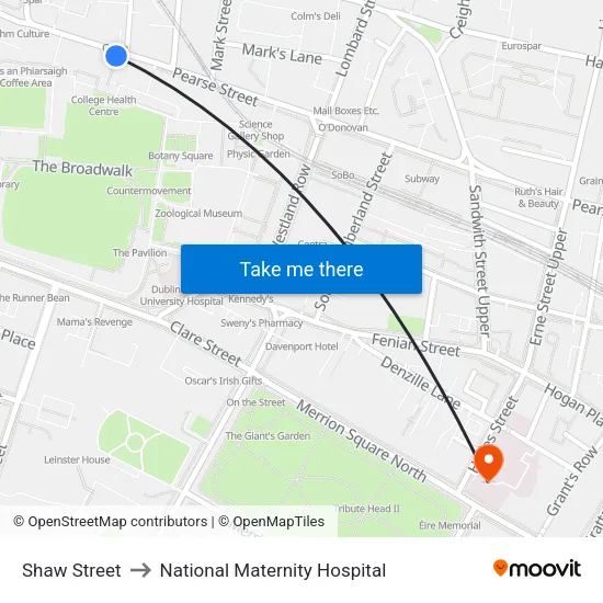 Shaw Street to National Maternity Hospital map