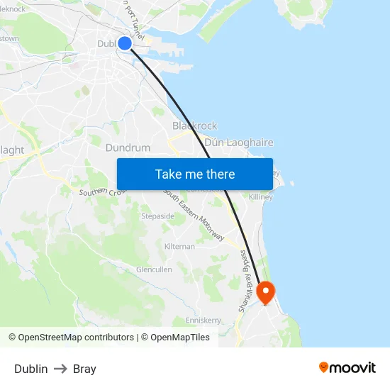 Dublin to Bray map