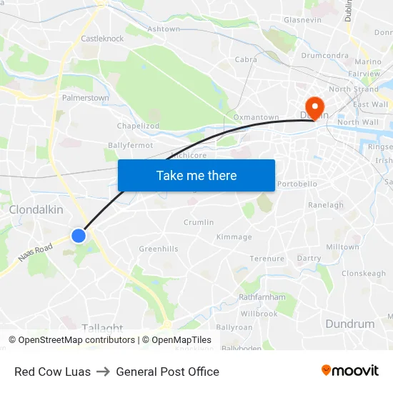 Red Cow Luas to General Post Office map