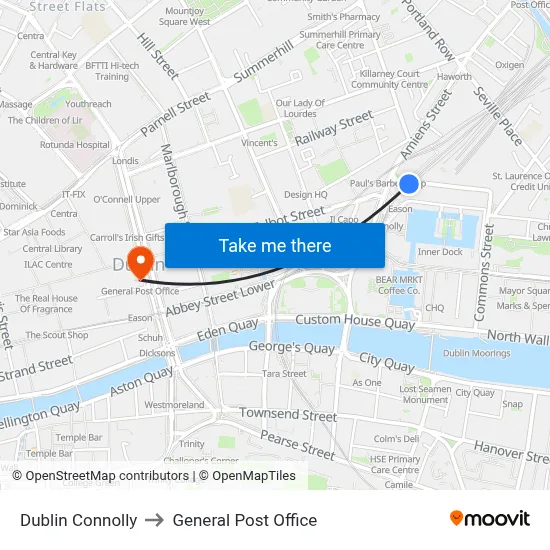 Dublin Connolly to General Post Office map