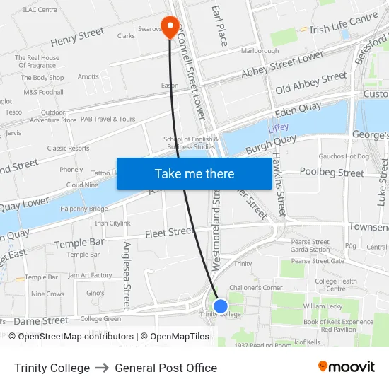 Trinity College to General Post Office map