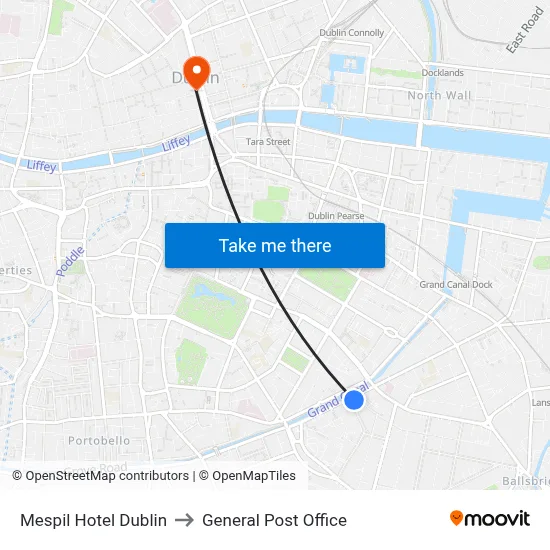Mespil Hotel Dublin to General Post Office map