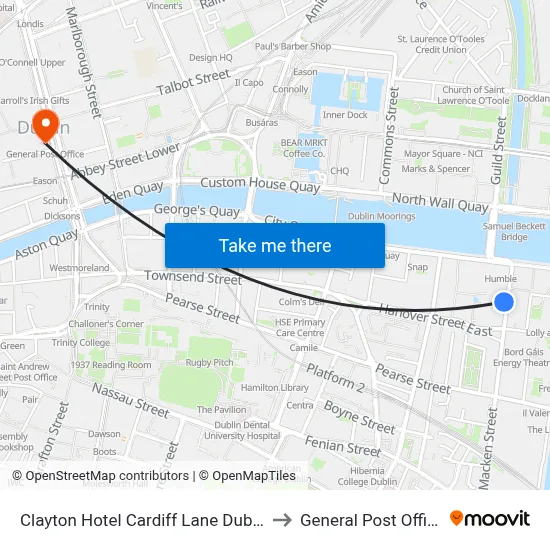 Clayton Hotel Cardiff Lane Dublin to General Post Office map