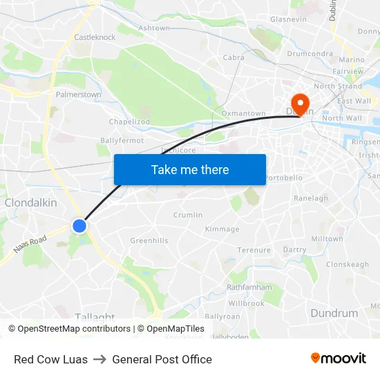 Red Cow Luas to General Post Office map