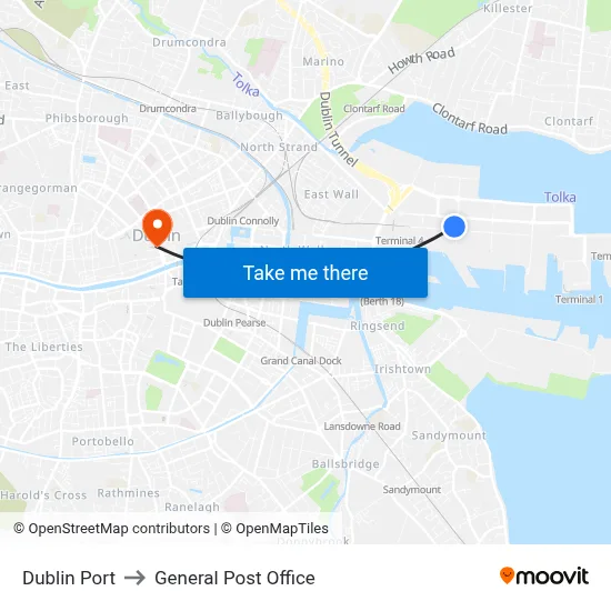 Dublin Port to General Post Office map