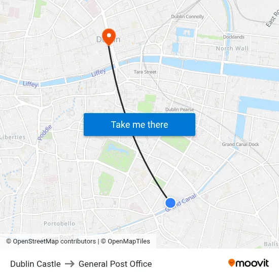 Dublin Castle to General Post Office map