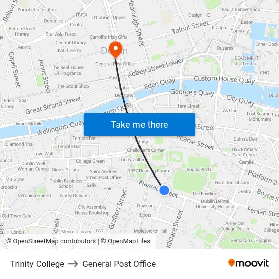 Trinity College to General Post Office map