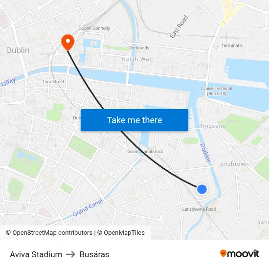 Aviva Stadium to Busáras map