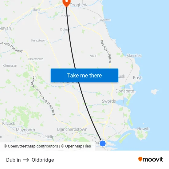 Dublin to Oldbridge map