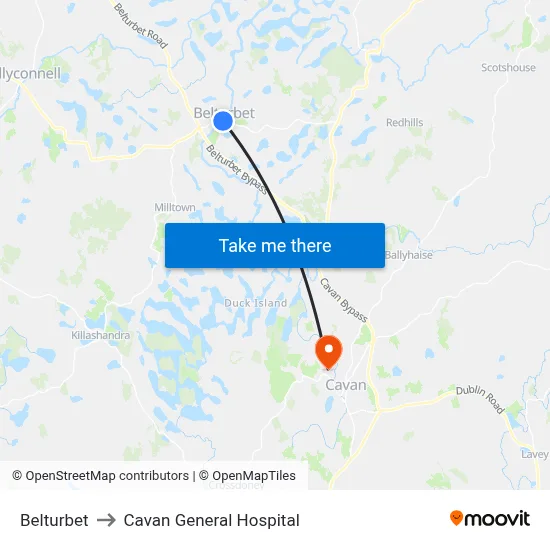 Belturbet to Cavan General Hospital map