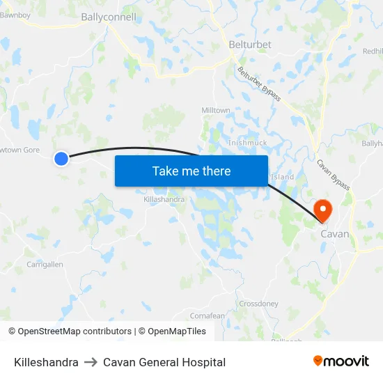 Killeshandra to Cavan General Hospital map