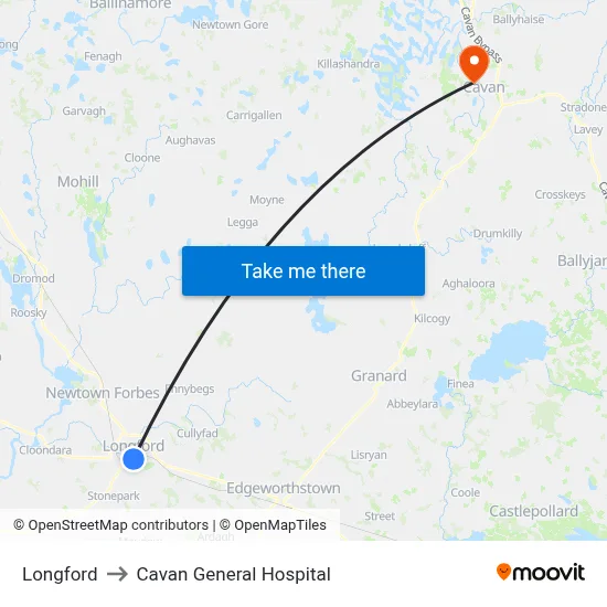 Longford to Cavan General Hospital map