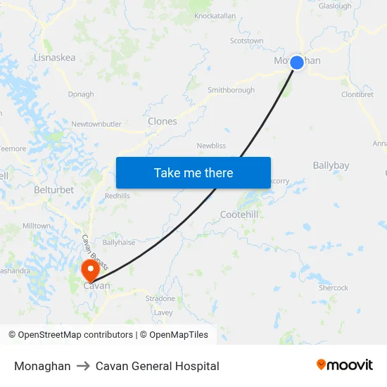 Monaghan to Cavan General Hospital map