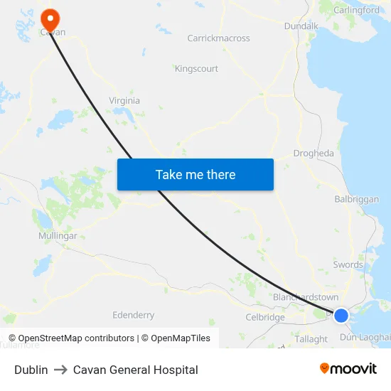 Dublin to Cavan General Hospital map