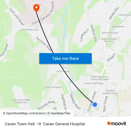 Cavan Town Hall to Cavan General Hospital map