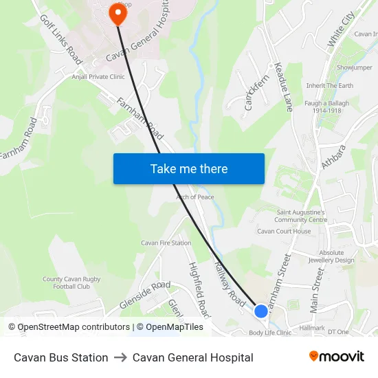 Cavan Bus Station to Cavan General Hospital map