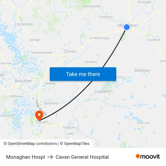 Monaghan Hospl to Cavan General Hospital map