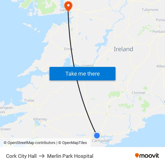 Cork City Hall to Merlin Park Hospital map
