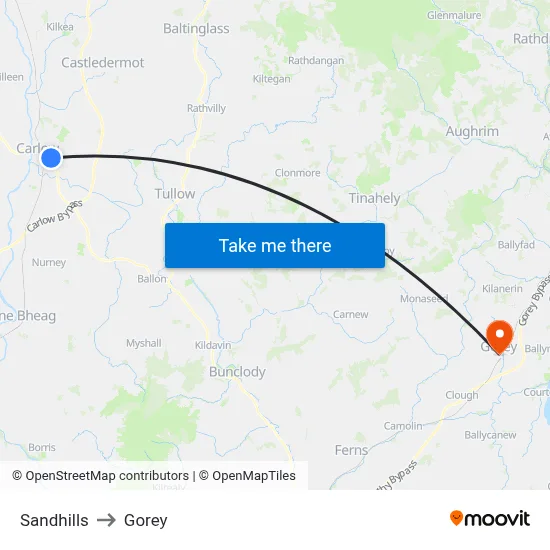 Sandhills to Gorey map
