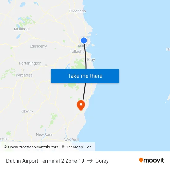 Dublin Airport Terminal 2 Zone 19 to Gorey map