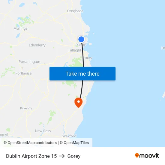 Dublin Airport Zone 15 to Gorey map