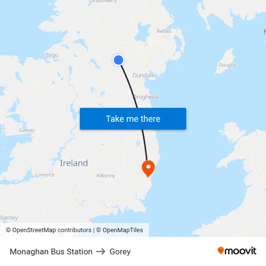 Monaghan Bus Station to Gorey map