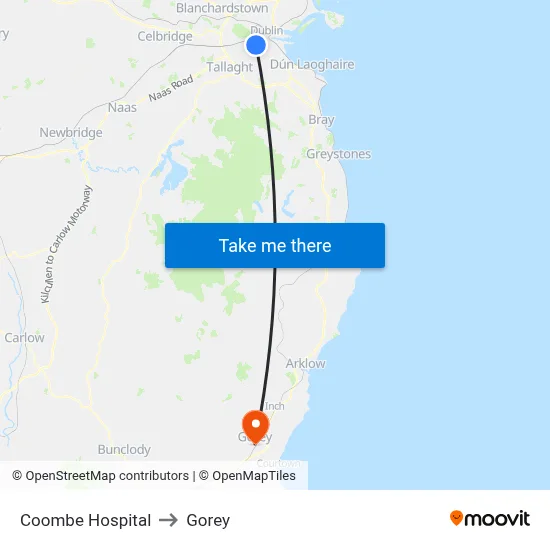 Coombe Hospital to Gorey map