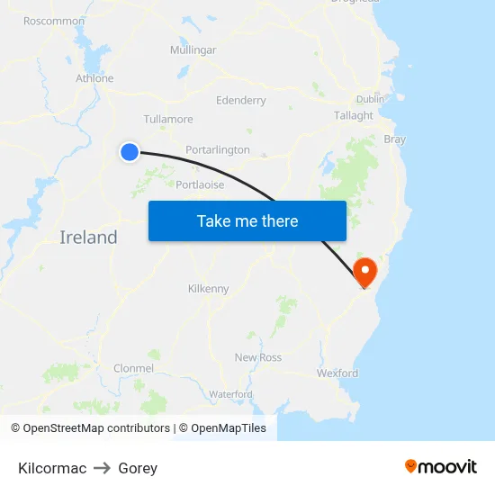 Kilcormac to Gorey map