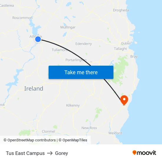 Tus East Campus to Gorey map