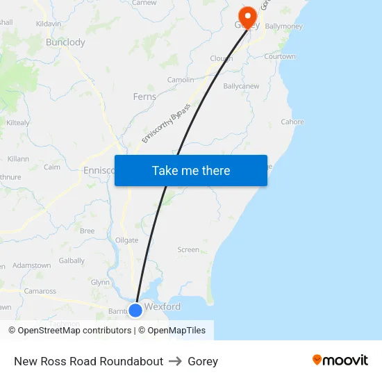 New Ross Road Roundabout to Gorey map
