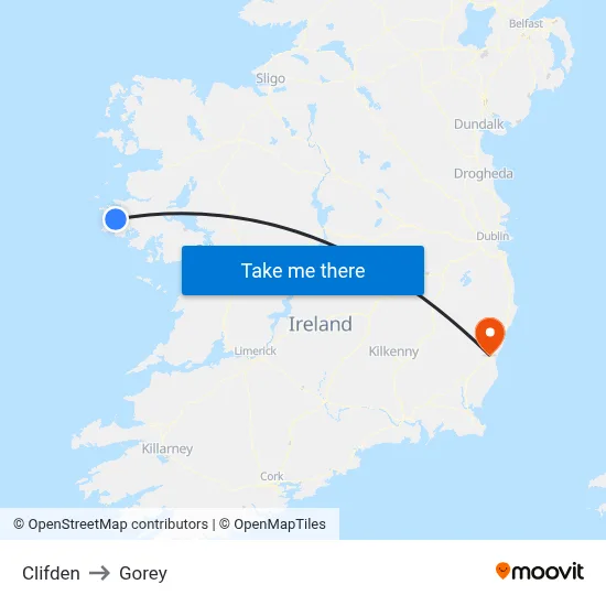 Clifden to Gorey map