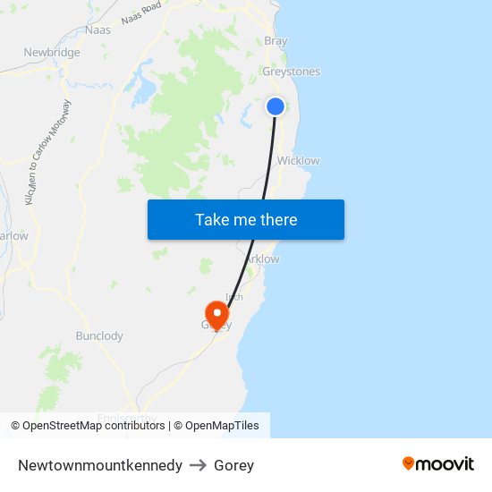 Newtownmountkennedy to Gorey map