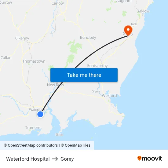Waterford Hospital to Gorey map
