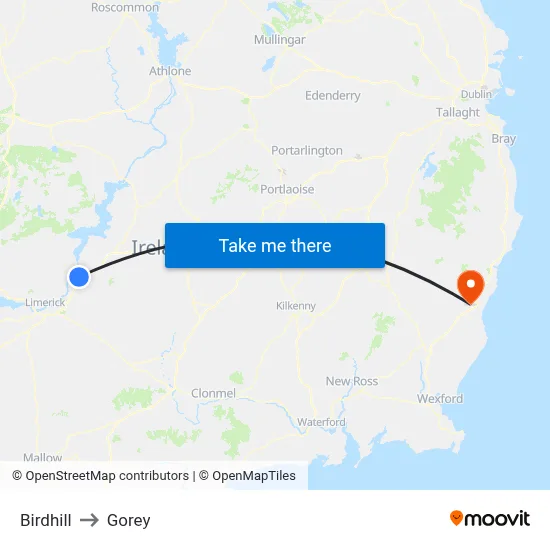 Birdhill to Gorey map