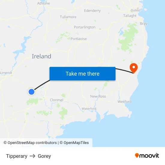 Tipperary to Gorey map