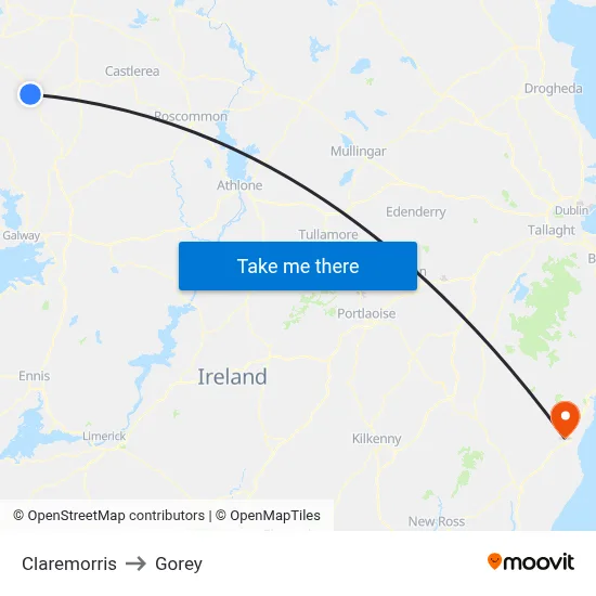 Claremorris to Gorey map