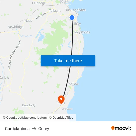 Carrickmines to Gorey map