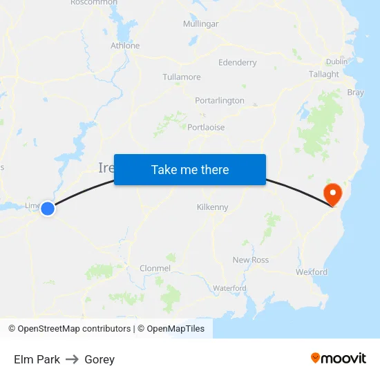 Elm Park to Gorey map